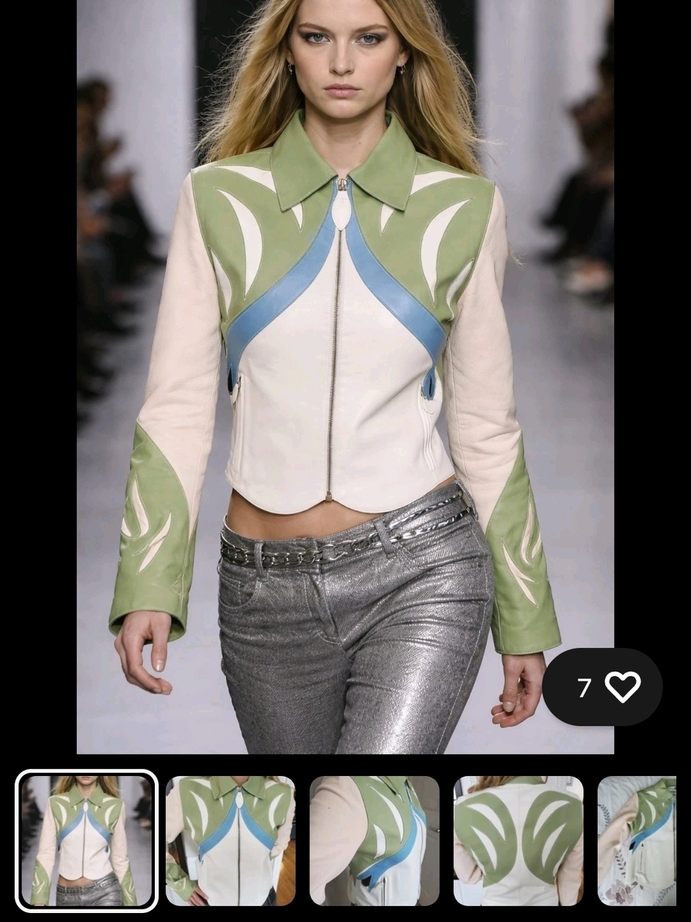 Lanvin White Leather Jacket with Green Panels and Blue Trim
